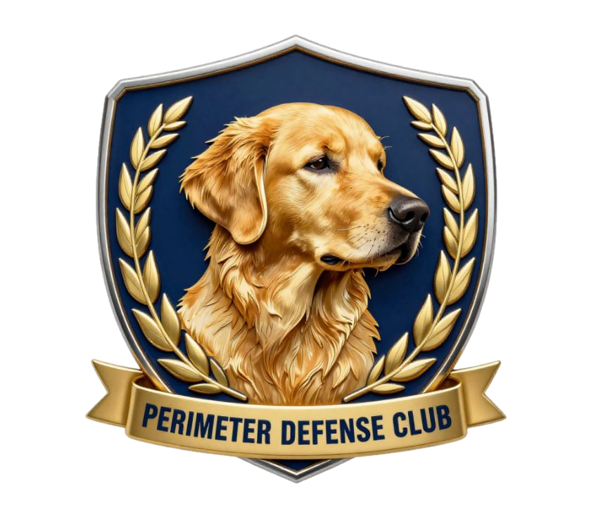Perimeter Defense Club badge. A golden retriever inside a laurel-wreath shield.