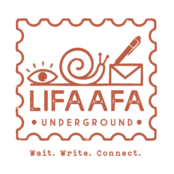 LIFAAFA UG stamp logo. Eye, snail, and envelope with a pen. Wait. Write. Connect.